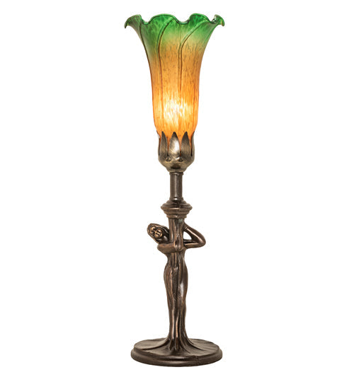 Meyda Lighting Tiffany Pond Lily 15" Mahogany Bronze Nouveau Lady Accent Table Lamp With Amber & Green Shade Glass