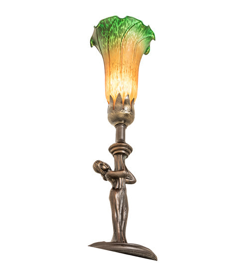 Meyda Lighting Tiffany Pond Lily 15" Mahogany Bronze Nouveau Lady Accent Table Lamp With Amber & Green Shade Glass