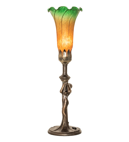 Meyda Lighting Tiffany Pond Lily 15" Mahogany Bronze Nouveau Lady Accent Table Lamp With Amber & Green Shade Glass