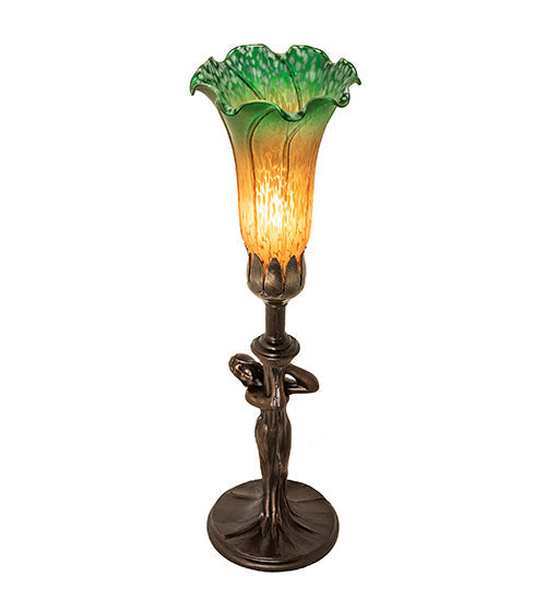 Meyda Lighting Tiffany Pond Lily 15" Mahogany Bronze Nouveau Lady Accent Table Lamp With Amber & Green Shade Glass