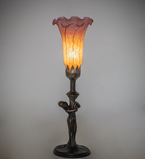 Meyda Lighting Tiffany Pond Lily 15" Mahogany Bronze Nouveau Lady Accent Table Lamp With Amber & Purple Shade Glass
