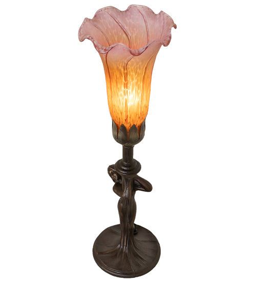 Meyda Lighting Tiffany Pond Lily 15" Mahogany Bronze Nouveau Lady Accent Table Lamp With Amber & Purple Shade Glass