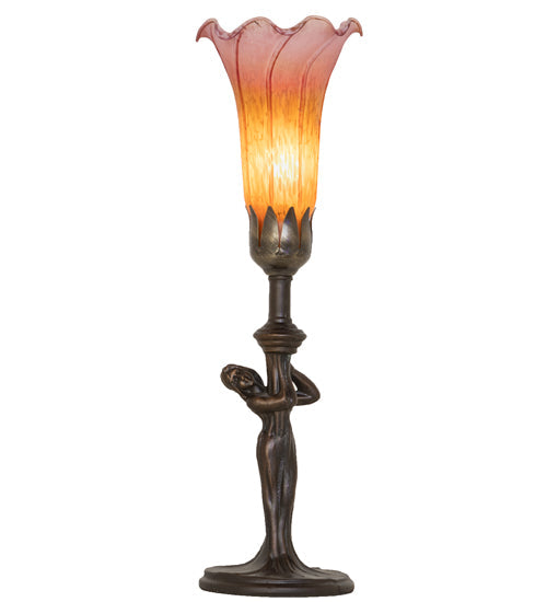 Meyda Lighting Tiffany Pond Lily 15" Mahogany Bronze Nouveau Lady Accent Table Lamp With Amber & Purple Shade Glass