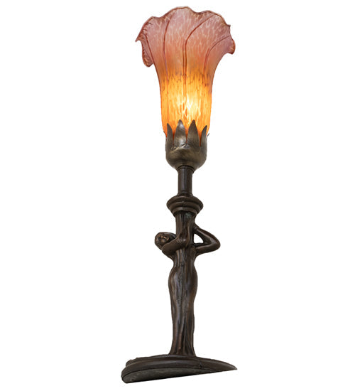 Meyda Lighting Tiffany Pond Lily 15" Mahogany Bronze Nouveau Lady Accent Table Lamp With Amber & Purple Shade Glass