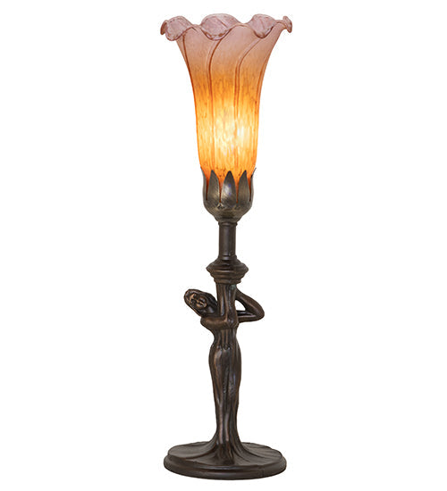 Meyda Lighting Tiffany Pond Lily 15" Mahogany Bronze Nouveau Lady Accent Table Lamp With Amber & Purple Shade Glass