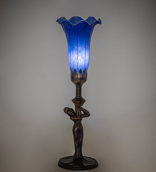 Meyda Lighting Tiffany Pond Lily 15" Mahogany Bronze Nouveau Lady Accent Table Lamp With Blue Shade Glass
