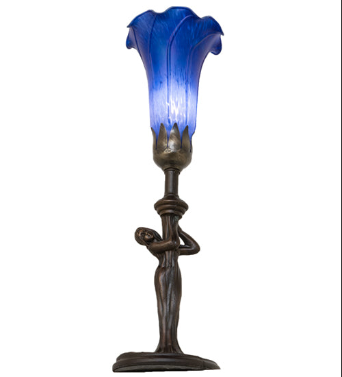 Meyda Lighting Tiffany Pond Lily 15" Mahogany Bronze Nouveau Lady Accent Table Lamp With Blue Shade Glass