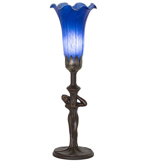 Meyda Lighting Tiffany Pond Lily 15" Mahogany Bronze Nouveau Lady Accent Table Lamp With Blue Shade Glass