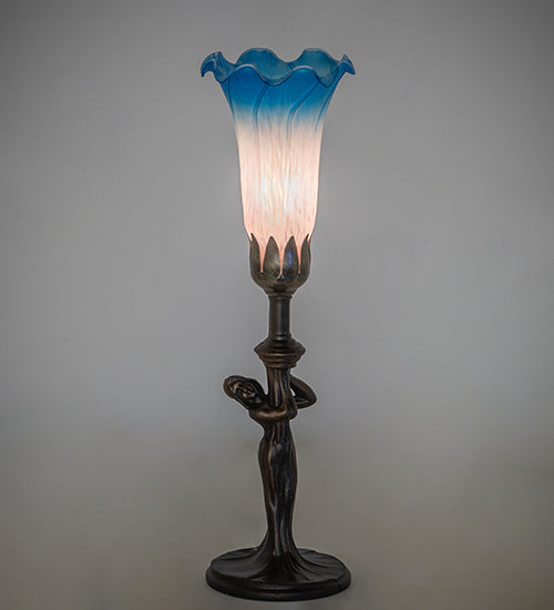 Meyda Lighting Tiffany Pond Lily 15" Mahogany Bronze Nouveau Lady Accent Table Lamp With Pink & Blue Shade Glass