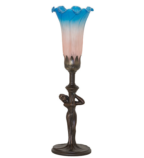 Meyda Lighting Tiffany Pond Lily 15" Mahogany Bronze Nouveau Lady Accent Table Lamp With Pink & Blue Shade Glass
