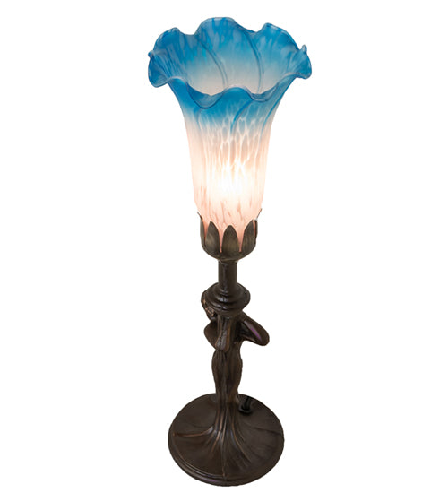 Meyda Lighting Tiffany Pond Lily 15" Mahogany Bronze Nouveau Lady Accent Table Lamp With Pink & Blue Shade Glass