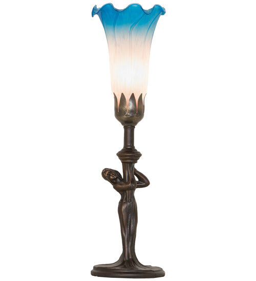 Meyda Lighting Tiffany Pond Lily 15" Mahogany Bronze Nouveau Lady Accent Table Lamp With Pink & Blue Shade Glass