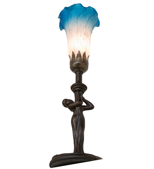 Meyda Lighting Tiffany Pond Lily 15" Mahogany Bronze Nouveau Lady Accent Table Lamp With Pink & Blue Shade Glass