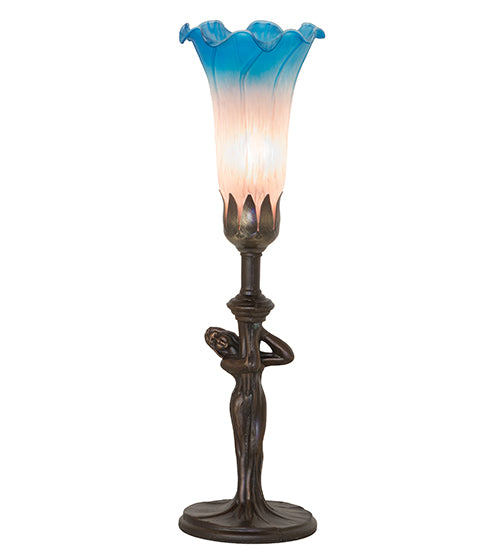 Meyda Lighting Tiffany Pond Lily 15" Mahogany Bronze Nouveau Lady Accent Table Lamp With Pink & Blue Shade Glass