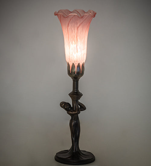 Meyda Lighting Tiffany Pond Lily 15" Mahogany Bronze Nouveau Lady Accent Table Lamp With Pink Shade Glass