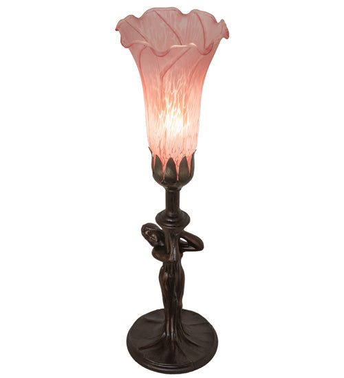 Meyda Lighting Tiffany Pond Lily 15" Mahogany Bronze Nouveau Lady Accent Table Lamp With Pink Shade Glass