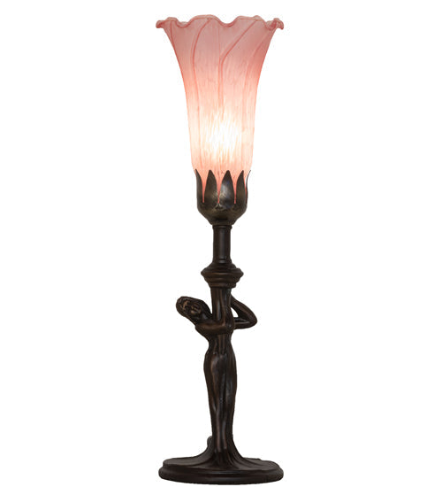 Meyda Lighting Tiffany Pond Lily 15" Mahogany Bronze Nouveau Lady Accent Table Lamp With Pink Shade Glass