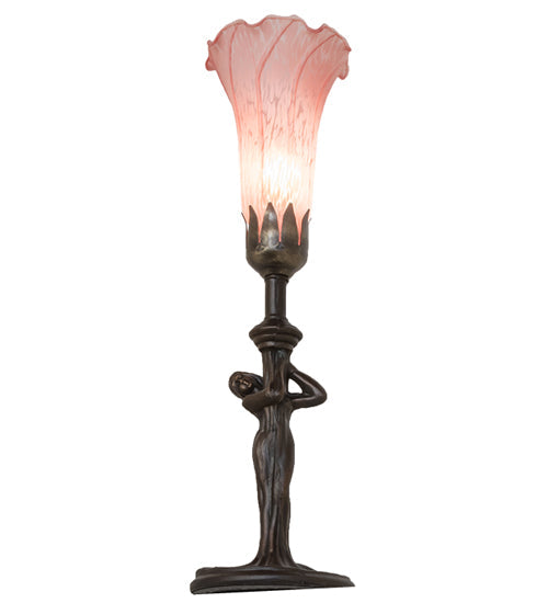 Meyda Lighting Tiffany Pond Lily 15" Mahogany Bronze Nouveau Lady Accent Table Lamp With Pink Shade Glass