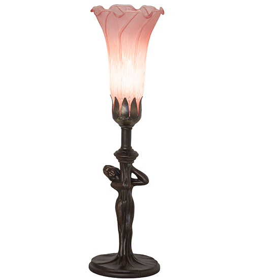 Meyda Lighting Tiffany Pond Lily 15" Mahogany Bronze Nouveau Lady Accent Table Lamp With Pink Shade Glass