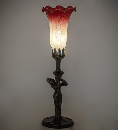 Meyda Lighting Tiffany Pond Lily 15" Mahogany Bronze Nouveau Lady Accent Table Lamp With Red & Green Shade Glass