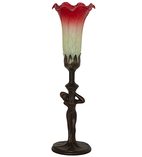 Meyda Lighting Tiffany Pond Lily 15" Mahogany Bronze Nouveau Lady Accent Table Lamp With Red & Green Shade Glass