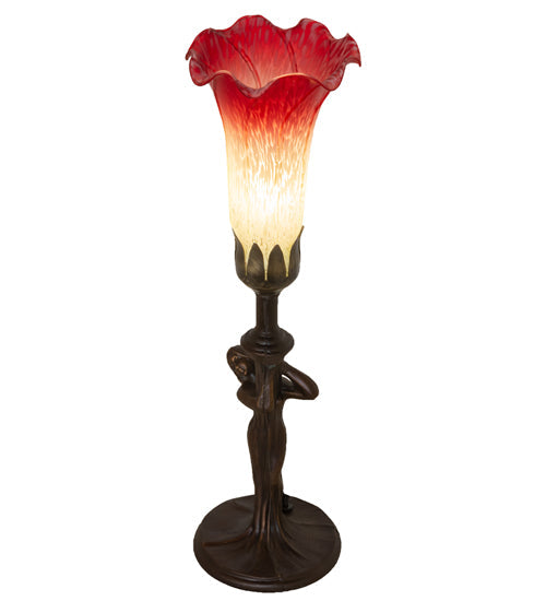 Meyda Lighting Tiffany Pond Lily 15" Mahogany Bronze Nouveau Lady Accent Table Lamp With Red & Green Shade Glass