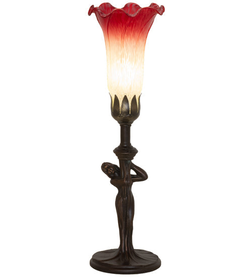 Meyda Lighting Tiffany Pond Lily 15" Mahogany Bronze Nouveau Lady Accent Table Lamp With Red & Green Shade Glass