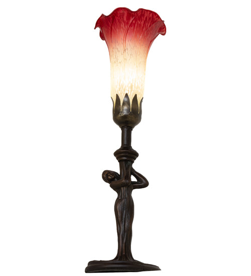 Meyda Lighting Tiffany Pond Lily 15" Mahogany Bronze Nouveau Lady Accent Table Lamp With Red & Green Shade Glass