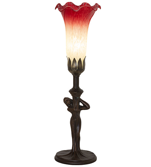 Meyda Lighting Tiffany Pond Lily 15" Mahogany Bronze Nouveau Lady Accent Table Lamp With Red & Green Shade Glass