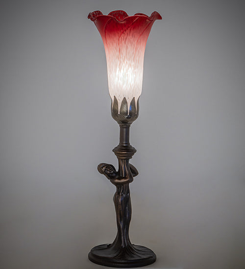 Meyda Lighting Tiffany Pond Lily 15" Mahogany Bronze Nouveau Lady Accent Table Lamp With Red & White Shade Glass