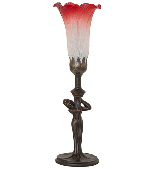 Meyda Lighting Tiffany Pond Lily 15" Mahogany Bronze Nouveau Lady Accent Table Lamp With Red & White Shade Glass