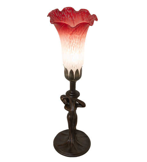 Meyda Lighting Tiffany Pond Lily 15" Mahogany Bronze Nouveau Lady Accent Table Lamp With Red & White Shade Glass
