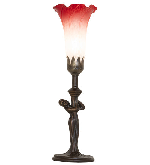 Meyda Lighting Tiffany Pond Lily 15" Mahogany Bronze Nouveau Lady Accent Table Lamp With Red & White Shade Glass