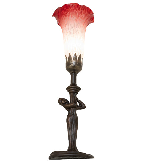 Meyda Lighting Tiffany Pond Lily 15" Mahogany Bronze Nouveau Lady Accent Table Lamp With Red & White Shade Glass