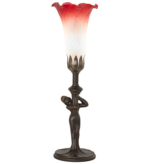 Meyda Lighting Tiffany Pond Lily 15" Mahogany Bronze Nouveau Lady Accent Table Lamp With Red & White Shade Glass