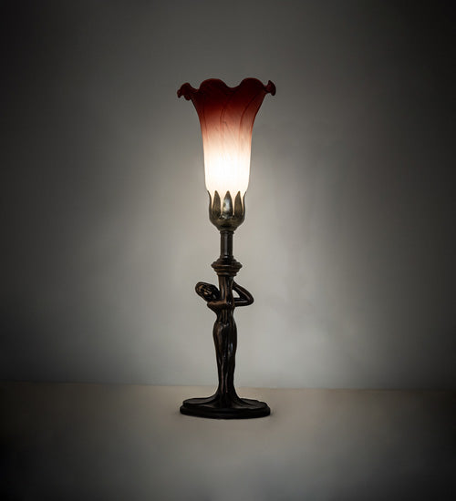 Meyda Lighting Tiffany Pond Lily 15" Mahogany Bronze Nouveau Lady Mini Table Lamp With Pink & White Shade Glass