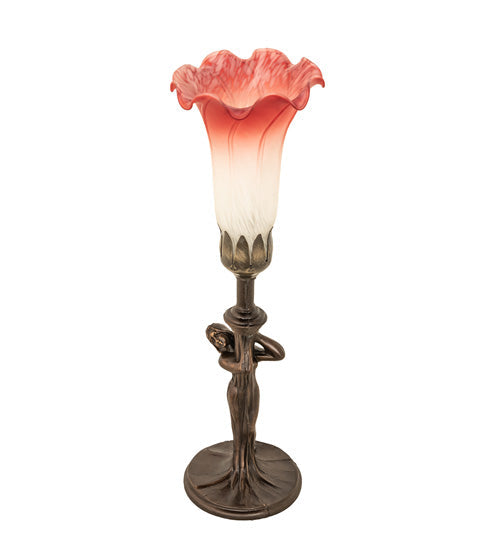 Meyda Lighting Tiffany Pond Lily 15" Mahogany Bronze Nouveau Lady Mini Table Lamp With Pink & White Shade Glass