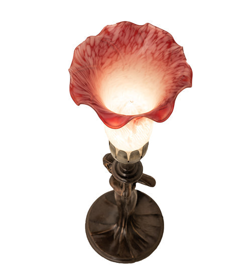 Meyda Lighting Tiffany Pond Lily 15" Mahogany Bronze Nouveau Lady Mini Table Lamp With Pink & White Shade Glass