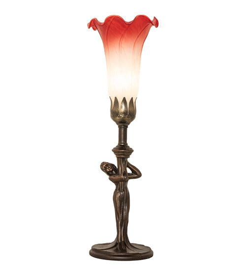 Meyda Lighting Tiffany Pond Lily 15" Mahogany Bronze Nouveau Lady Mini Table Lamp With Pink & White Shade Glass