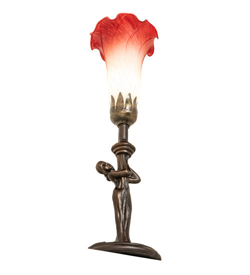 Meyda Lighting Tiffany Pond Lily 15" Mahogany Bronze Nouveau Lady Mini Table Lamp With Pink & White Shade Glass