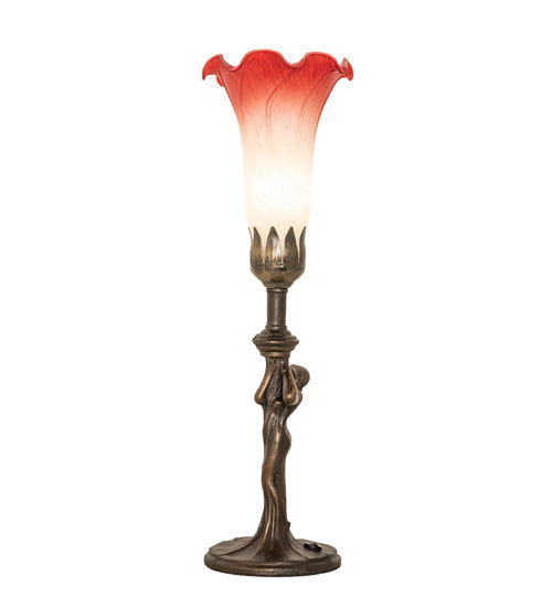 Meyda Lighting Tiffany Pond Lily 15" Mahogany Bronze Nouveau Lady Mini Table Lamp With Pink & White Shade Glass