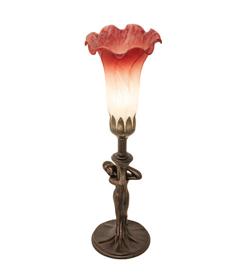 Meyda Lighting Tiffany Pond Lily 15" Mahogany Bronze Nouveau Lady Mini Table Lamp With Pink & White Shade Glass