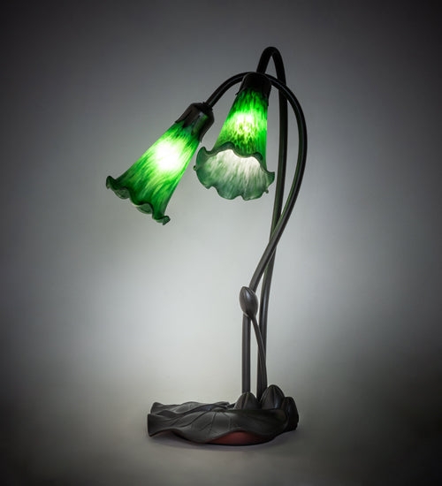 Meyda Lighting Tiffany Pond Lily 16" 2-Light Mahogany Bronze Accent Table Lamp With Green Shade Glass