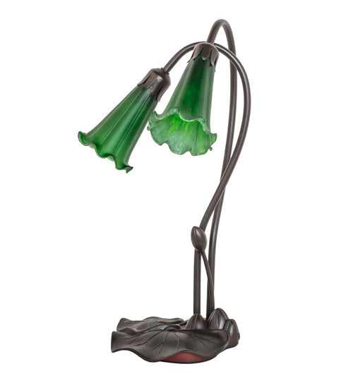 Meyda Lighting Tiffany Pond Lily 16" 2-Light Mahogany Bronze Accent Table Lamp With Green Shade Glass