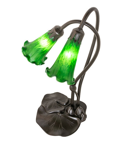 Meyda Lighting Tiffany Pond Lily 16" 2-Light Mahogany Bronze Accent Table Lamp With Green Shade Glass