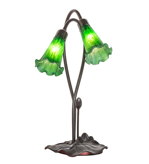 Meyda Lighting Tiffany Pond Lily 16" 2-Light Mahogany Bronze Accent Table Lamp With Green Shade Glass
