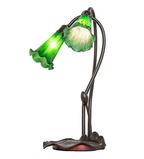 Meyda Lighting Tiffany Pond Lily 16" 2-Light Mahogany Bronze Accent Table Lamp With Green Shade Glass