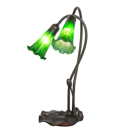 Meyda Lighting Tiffany Pond Lily 16" 2-Light Mahogany Bronze Accent Table Lamp With Green Shade Glass