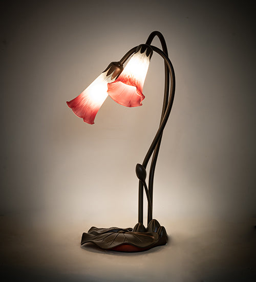 Meyda Lighting Tiffany Pond Lily 16" 2-Light Mahogany Bronze Accent Table Lamp With Pink & White Frosted Shade Glass