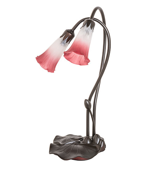 Meyda Lighting Tiffany Pond Lily 16" 2-Light Mahogany Bronze Accent Table Lamp With Pink & White Frosted Shade Glass